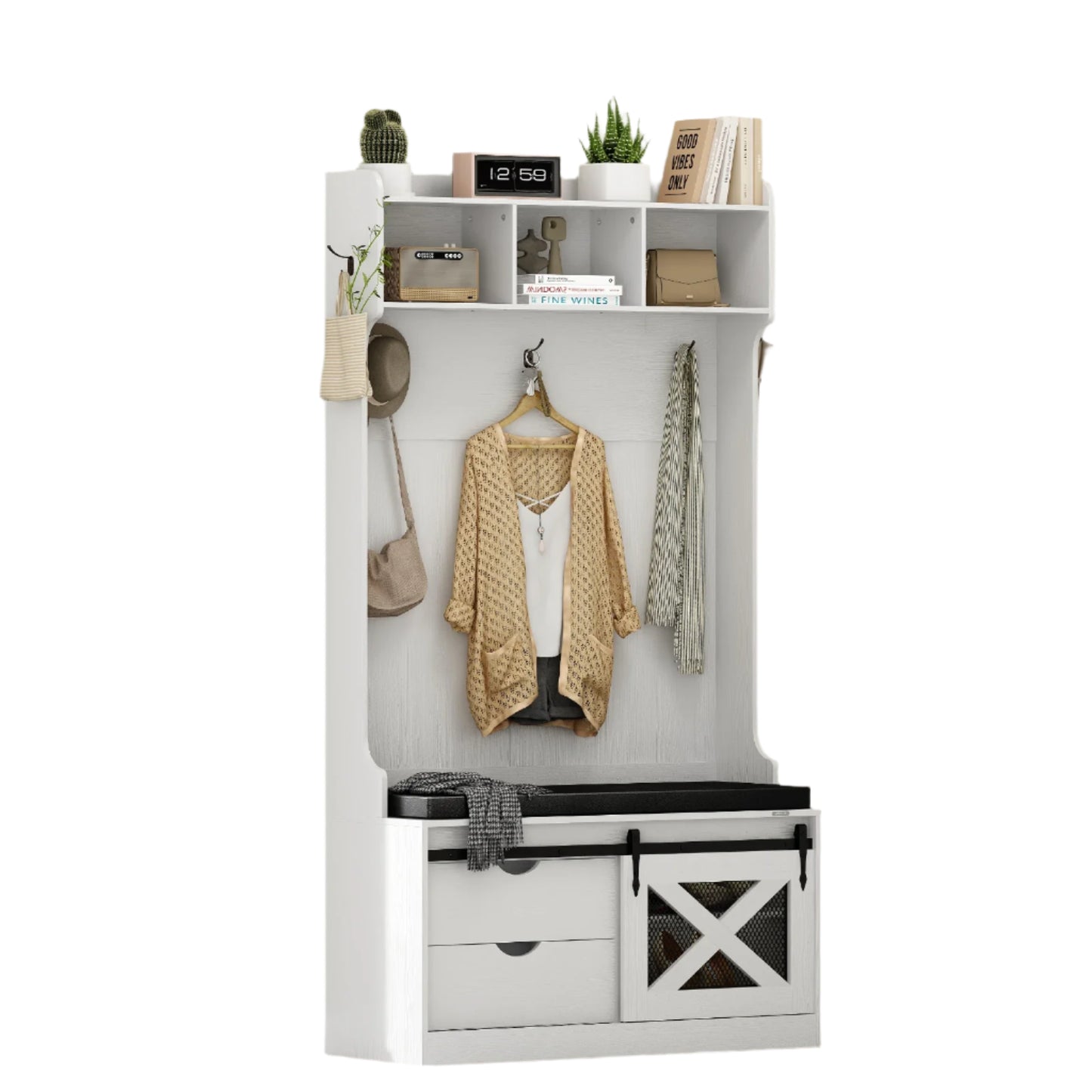 Halboom – Kapstok – Schoenenrek – Zitbank – Opbergmeubel – 6 Haken – Duurzaam Hout - Wit
