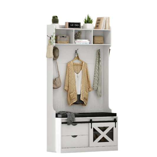 Halboom – Kapstok – Schoenenrek – Zitbank – Opbergmeubel – 6 Haken – Duurzaam Hout - Wit