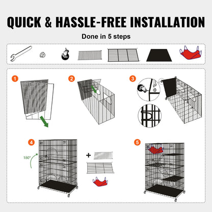 Kattenbox - Katten Kooi - Draad Kennel - Grote Kattenren - met 4 Niveaus - Oefening Plaats - Krat Metalen - voor Huisdier - Stevig - Durzaam - Ijzer - 90 x 60 x 133 cm -  Zwart