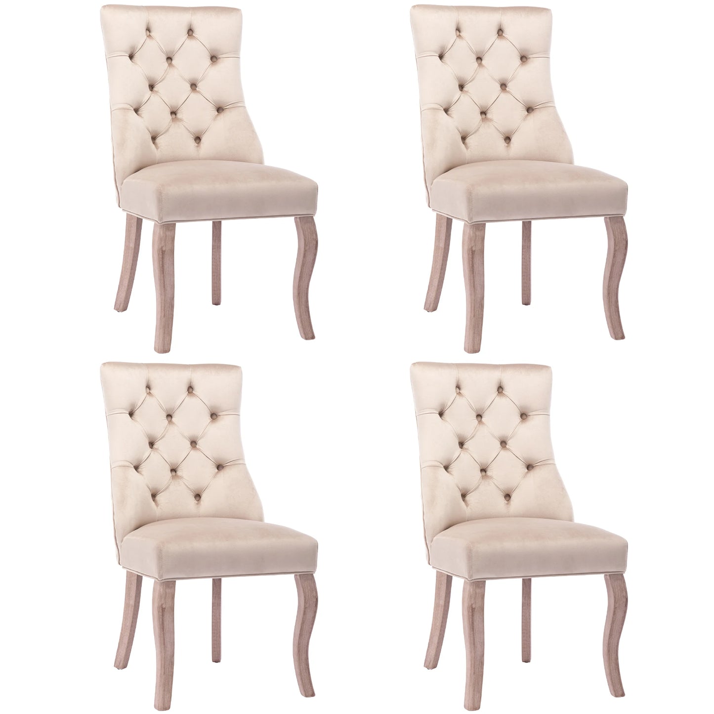 Eetkamerstoel – Fluwelen Stoel – Comfortabele Stoel – Hoge Rugleuning – Massief Rubberhout – Draagvermogen 150 Kg – Zachte Schuimlaag - 4 Stuks - Beige
