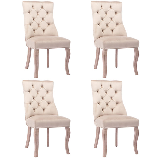 Eetkamerstoel – Fluwelen Stoel – Comfortabele Stoel – Hoge Rugleuning – Massief Rubberhout – Draagvermogen 150 Kg – Zachte Schuimlaag - 4 Stuks - Beige