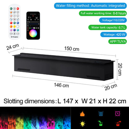 Waterdamphaard – Waterdamphaard Inbouw – Elektrische Haard – Sfeerverwarming – Atomisatie Haard – 1500mm – Multicolor 3D Vlammen – App En Afstandsbediening
