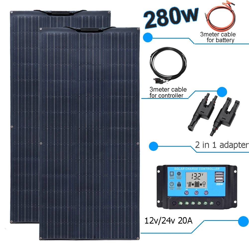 Zonnepaneel - Zonnepanelen - Zonne-energie - Zonne-kit - Fotovoltaïsch Paneelsysteem - 280W -  Waterdicht - voor Boot - Camper - Caravan - RV - Tuin