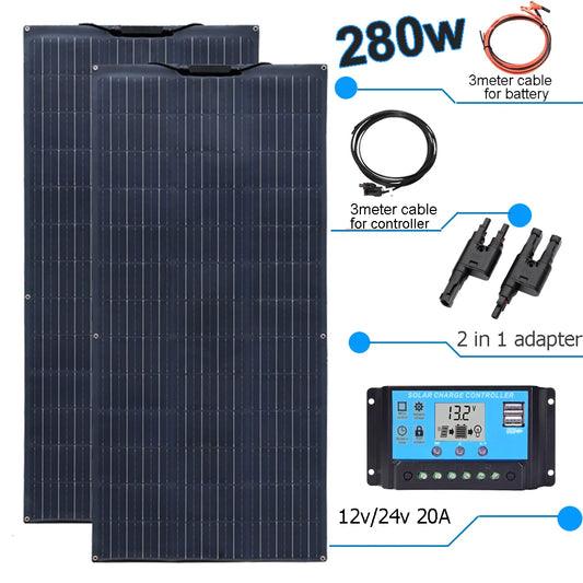Zonnepaneel - Zonnepanelen - Zonne-energie - Zonne-kit - Fotovoltaïsch Paneelsysteem - 280W -  Waterdicht - voor Boot - Camper - Caravan - RV - Tuin