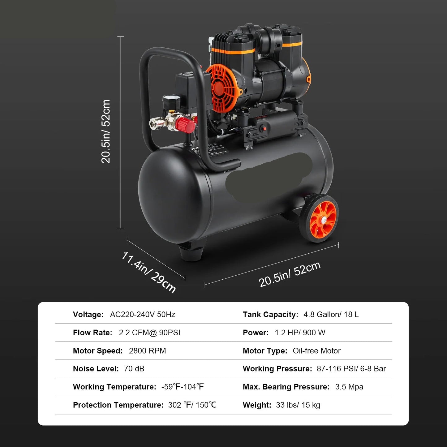 Luchtcompressor - Stille Compressor - Luchtpomp - Olievrije Draagbare Compressor - 18L - 900W - voor Huis, Werkplaats en Banden oppompen