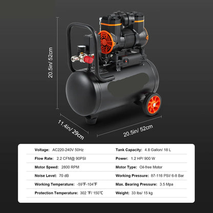 Luchtcompressor - Stille Compressor - Luchtpomp - Olievrije Draagbare Compressor - 18L - 900W - voor Huis, Werkplaats en Banden oppompen
