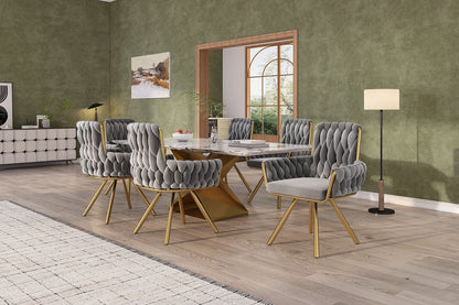 Eetkamerstoel – Set van 6 - Fluwelen Stoel – Comfortabele Stoel – Draaistoel – 360° Draaibaar – Hoge Rugleuning – Stalen Frame - Grijs