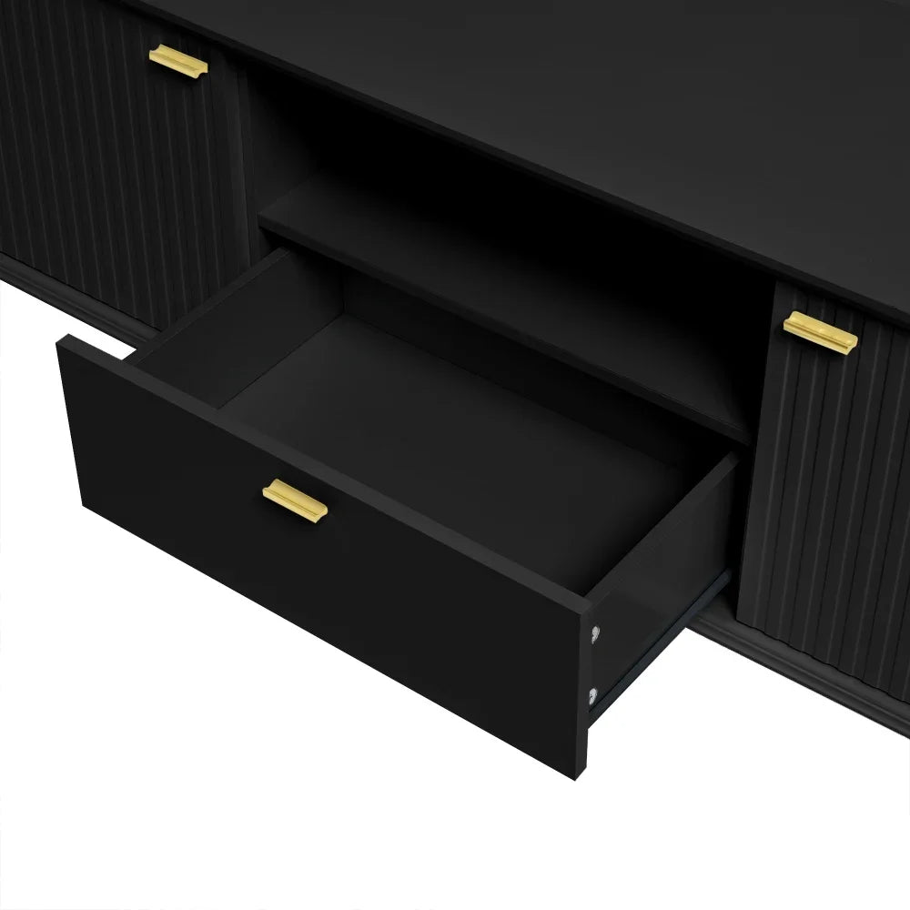 tv-meubel – tv-kast – televisie meubel – dressoir – mediameubel – wit gelakt MDF – soft-close deuren en lades – goudkleurige metalen poten - QUORE
