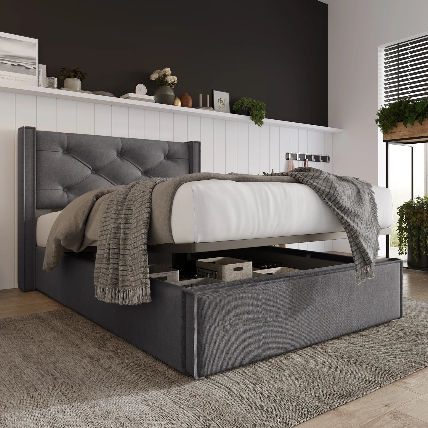 Bedframe – Eenpersoonsbed – Stalen Bed – Lattenbodem – Opbergruimte – Hydraulische Lift – Katoenen Hoofdeinde – 160x200 cm - QUORE