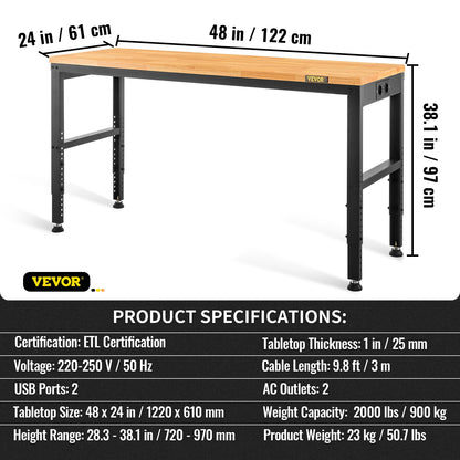 Vevor Heavy-Duty Workbench 72cm Adjustable Height Oak Wood Hardwood Top Work Table 900KG Load Capacity for Office Home Workshop - QUORE