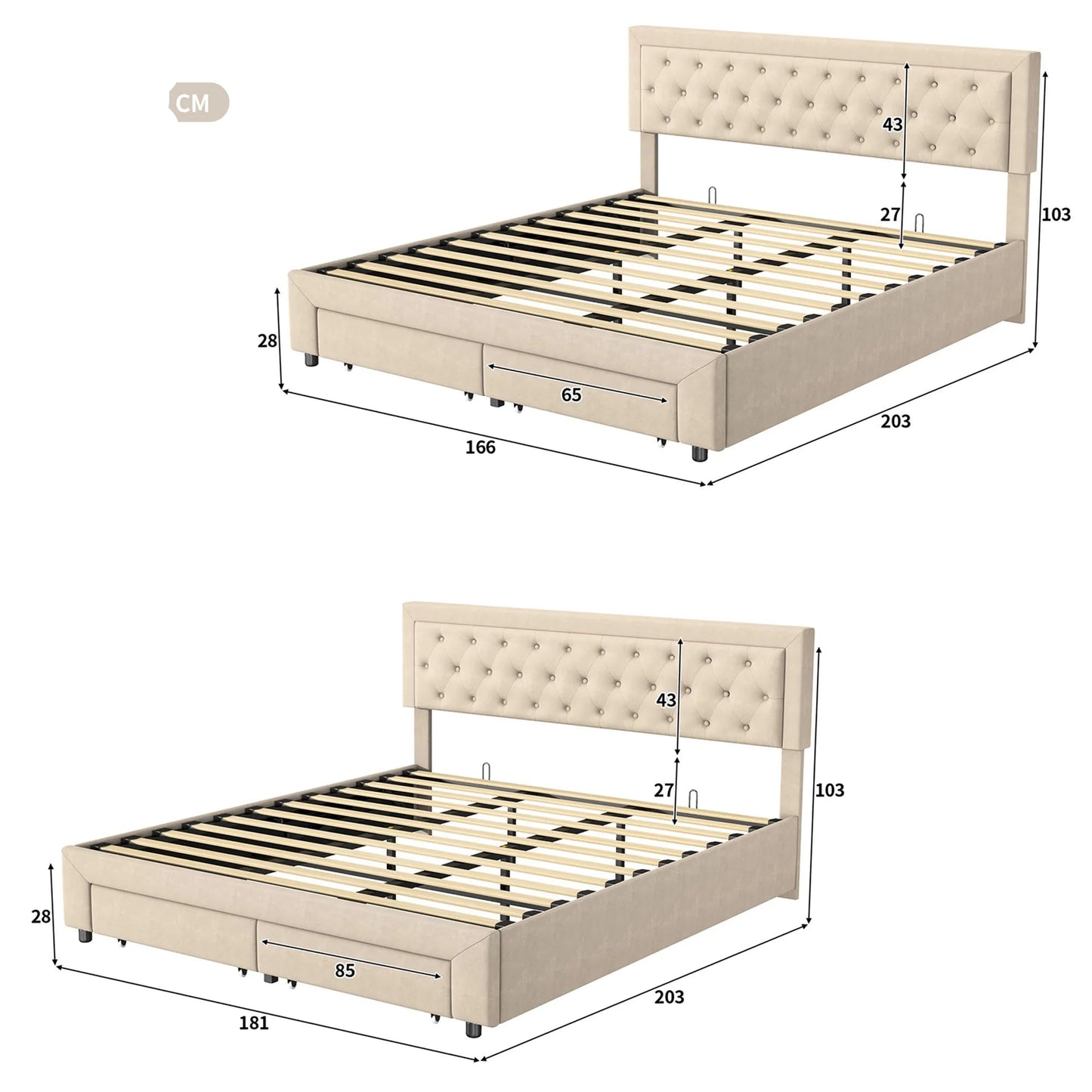 Opbergbed – Gestoffeerd Bed – Tweepersoonsbed – Opberglades – Verstelbare Hoofdsteun – Velvet Bekleding – Metalen Poten