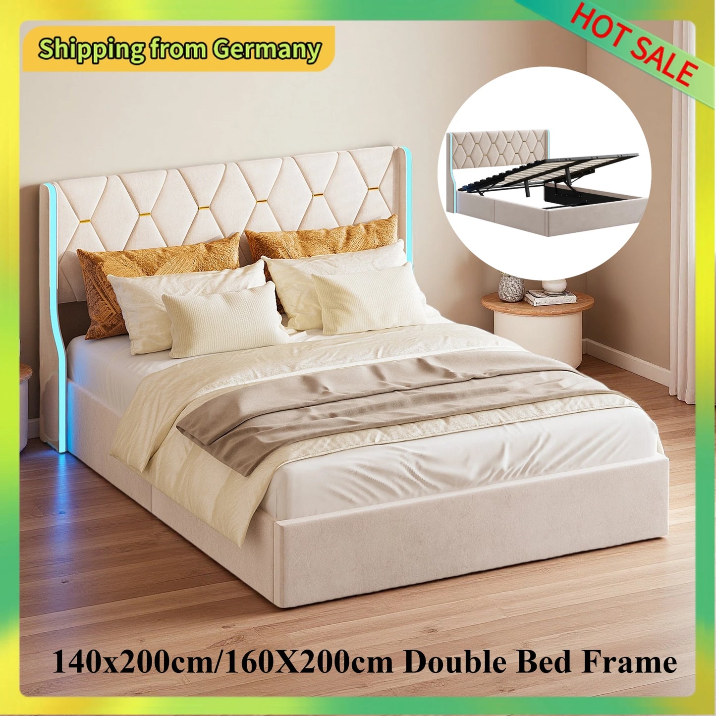 Comanlai 140x200cm/160x200cm Hydraulic Storage Bed,Upholstered Bed with Headboard,Headboard with LED Lights,Double Bed,Flannel