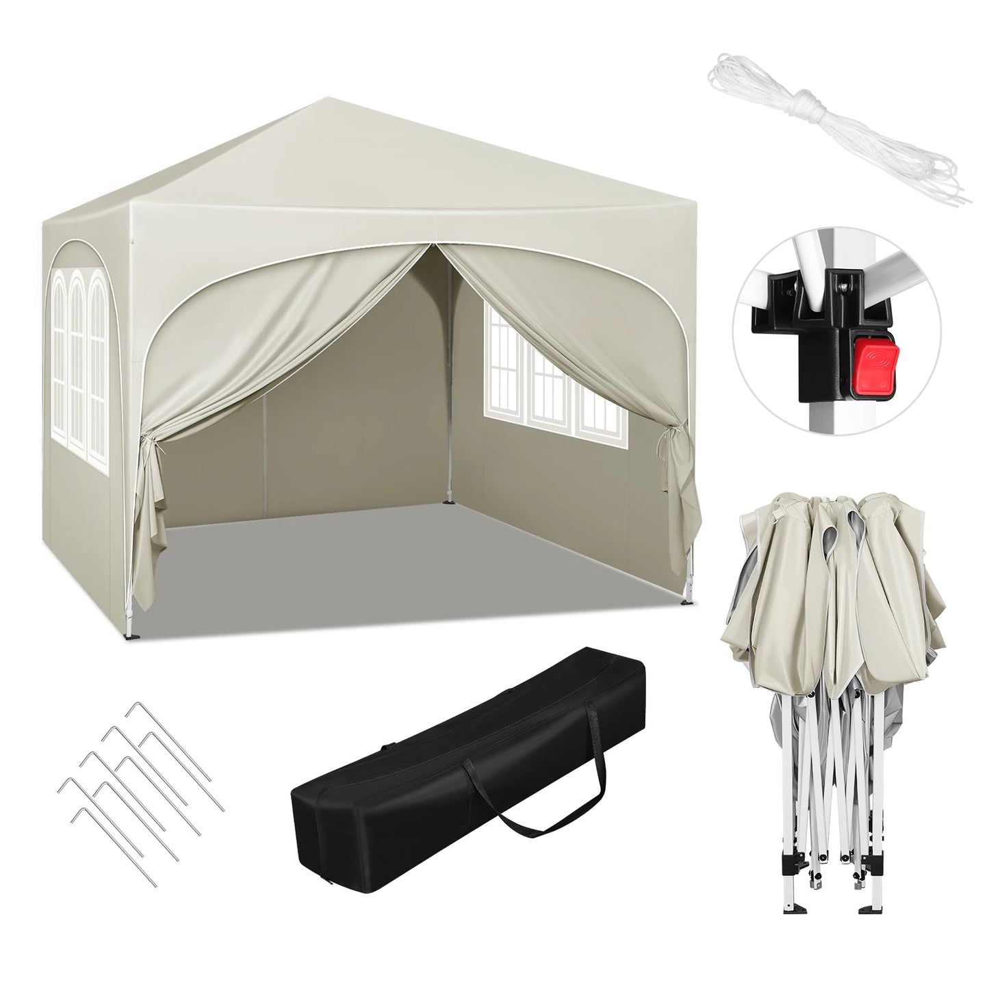 Partytent - Tent - Paviljoen - Partytenten - Easy up Partytent - 3x3m - met 4 Zijwanden - Opvouwbare - Verstelbare Hoogte - Vouwgazebo - Waterafstotend en UV-bescherming voor Tuin, Kamperen en Picknicken - Beige - QUORE