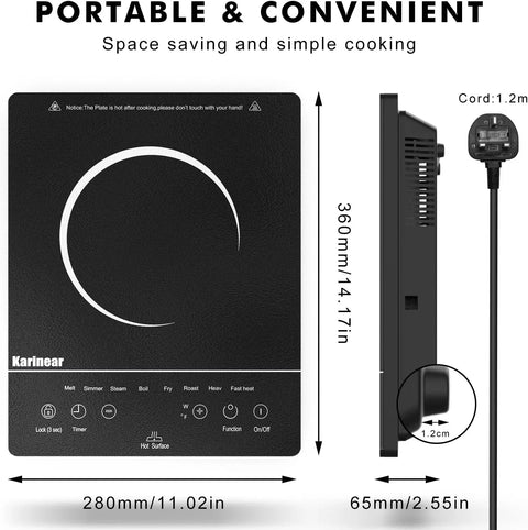 Inductie kookplaat - Induction Hob - Induction Cook Top - Inductie Fornuis - Elektrische Brander - Draagbare keramische Kookplaat - voor ALLE kookgerei - Enkele Elektrische Kookplaat - met 4-uurs Timer - 9 Vermogensniveaus - Tot 2000W - Zwart