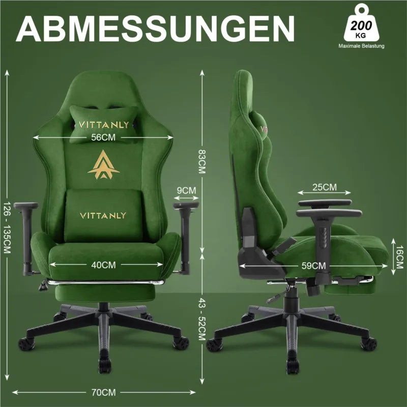 Ergonomische Bureaustoel – Gaming Stoel – Office Chair – Desk Chair – Computerstoel – Verstelbare Rugleuning – Ademend Suède Bekleding – Groene Kleur – Met Voetensteun - QUORE