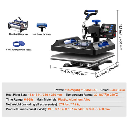 5-in-1 Warmtepers – Hittepers – Textielpers – Transferpers – T-shirtpers – 15x15inch Persoppervlak – Digitale Temperatuurregeling - Blauw