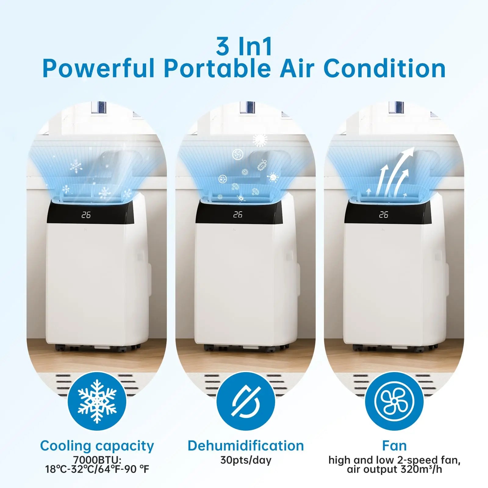 Draagbare Airconditioner – Mobiele Airco – Koelventilator – Ontvochtiger – 12.000 BTU – 50 m² – Stil Geluid - Witte Bovenkant - QUORE