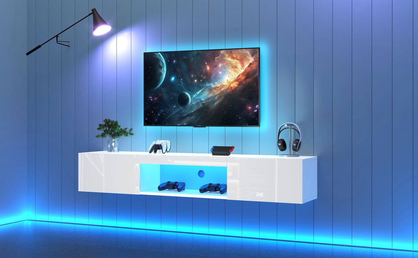 Wandmeubel – Tv Meubel – Hangend Kastje – Hoogglans Kast – Wit Wandkast – Geschikt Voor 70 Inch Tv – Draaggewicht 30 Kg – LED Verlichting Met Bluetooth App - QUORE