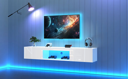 Wandmeubel – Tv Meubel – Hangend Kastje – Hoogglans Kast – Wit Wandkast – Geschikt Voor 70 Inch Tv – Draaggewicht 30 Kg – LED Verlichting Met Bluetooth App - QUORE