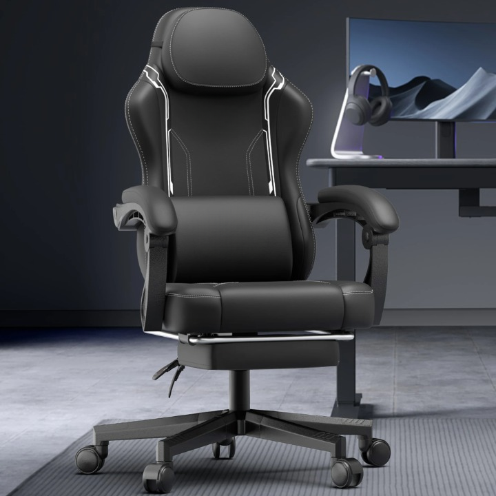 Gaming Stoel - Bureaustoel - Swivel Stoel - met Voetsteun - Hoofdsteun - Verstelbare - Rugleuning - Lendensteun - Ergonomische - Draaibare - Zwart