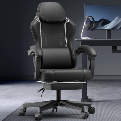 Gaming Stoel - Bureaustoel - Swivel Stoel - met Voetsteun - Hoofdsteun - Verstelbare - Rugleuning - Lendensteun - Ergonomische - Draaibare - Zwart