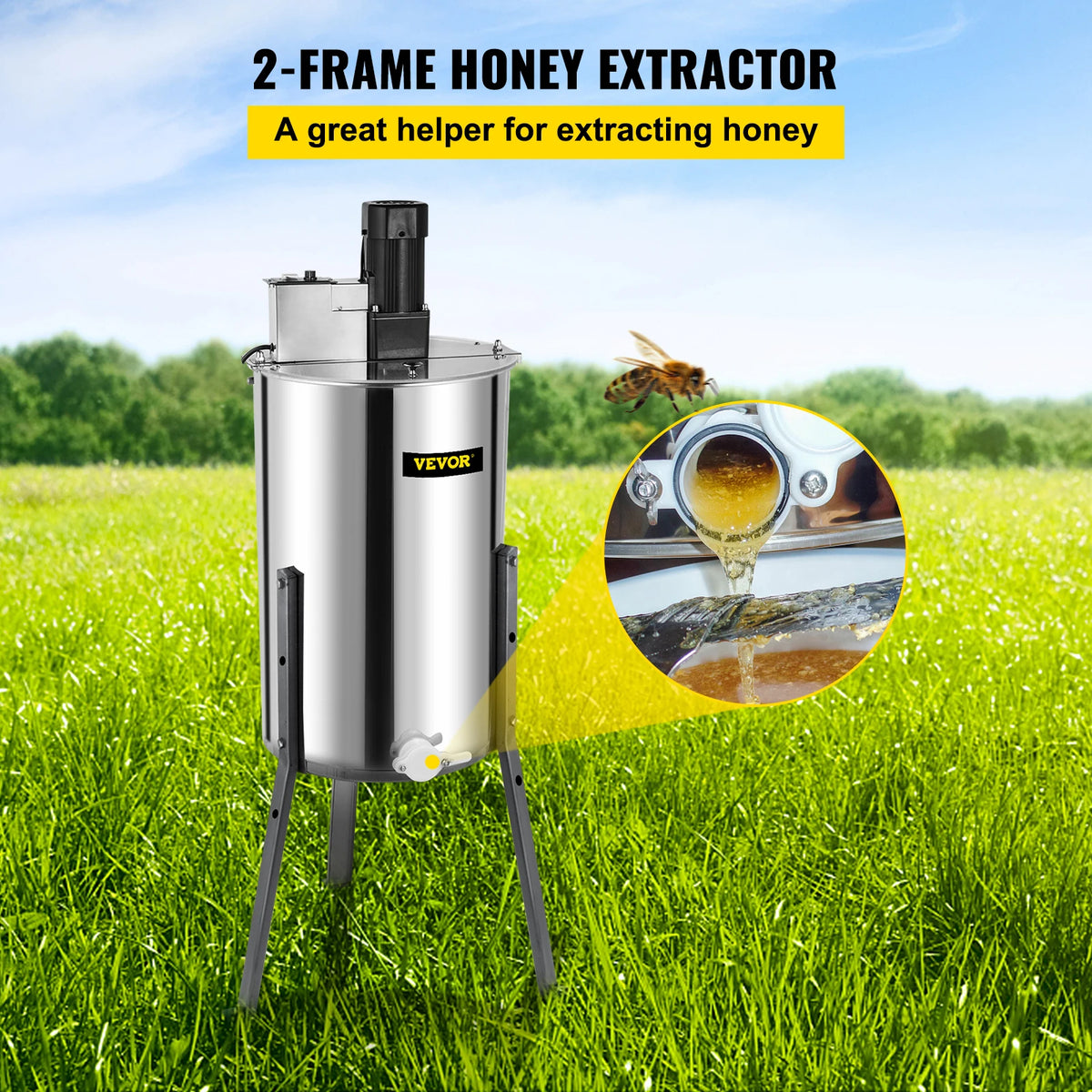 Honing Extractor - 2-4 Frame - Handmatig - Roestvrij Staal - Honingslinger voor Imkers - Honingraat Spinner - Crank Honing Centrifuge - Bijenteelt Apparatuur - Zilver