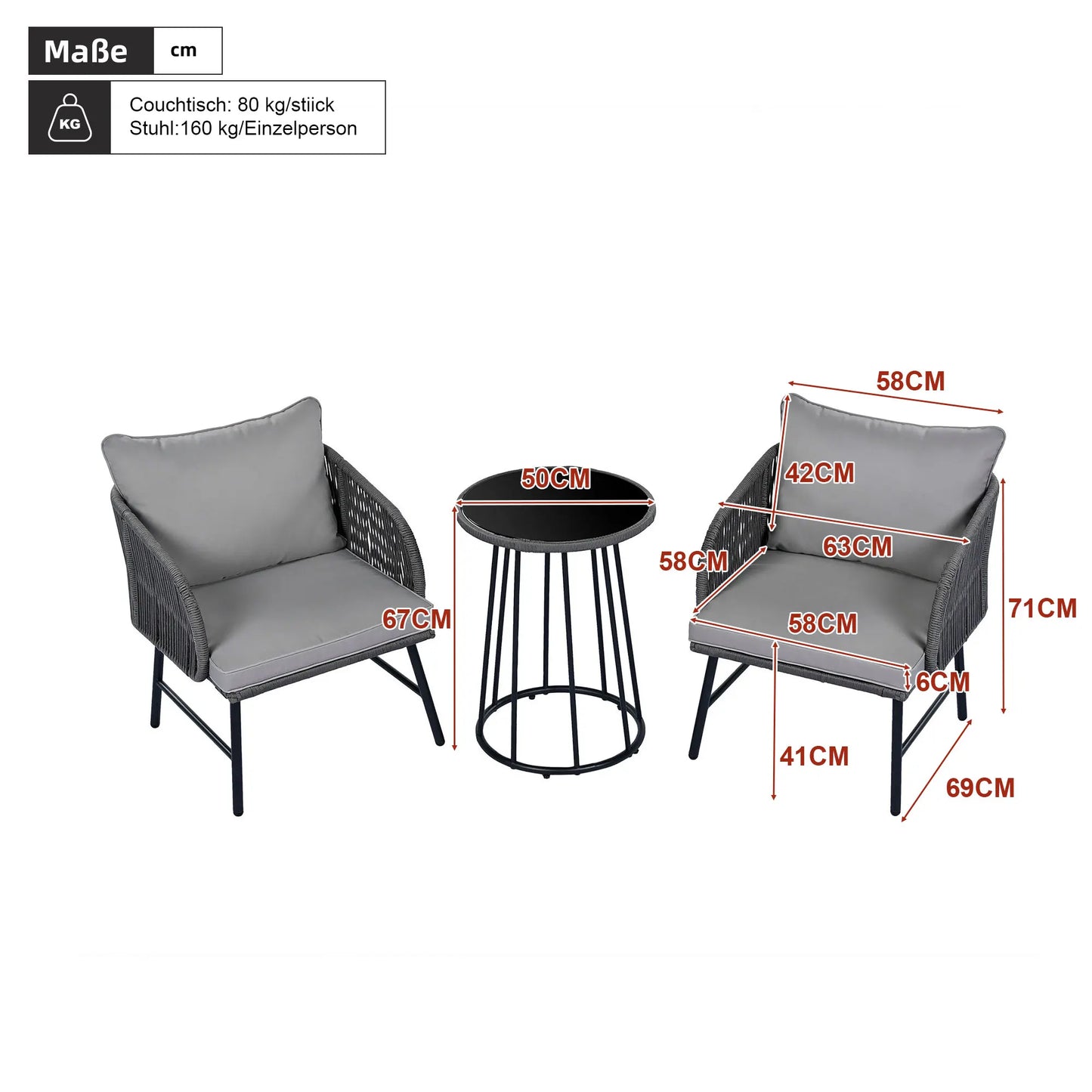 Drie-Delige Tuinset – Buitenset – Balkonset – Lounge Set – Tuinmeubel – Weerbestendig Staal – Handgeweven Rope
