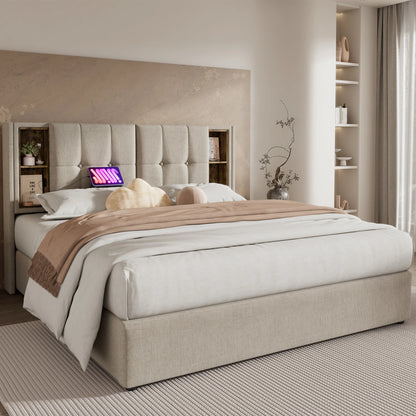 Tweepersoonsbed – Bedframe – Slaapbank – Bedombouw – Opbergbed – Beige Linnen Hoofdbord – Draadloze Oplader & USB-C – Houten Lattenbodem – 90x200 cm