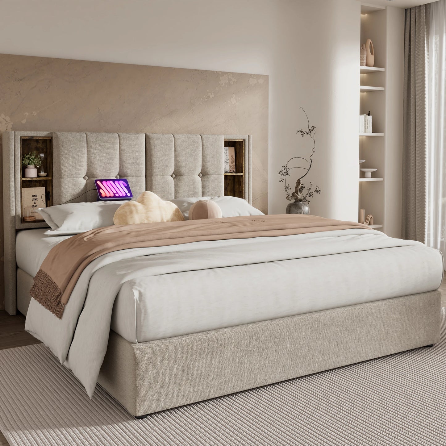 Bedframe – Tweepersoonsbed – Slaapbank – Bedombouw – Boxspring – Beige Linnen Bekleding – Draadloze Oplaadfunctie – Ruime Opbergruimte – Geschikt voor Matras 180x200 cm