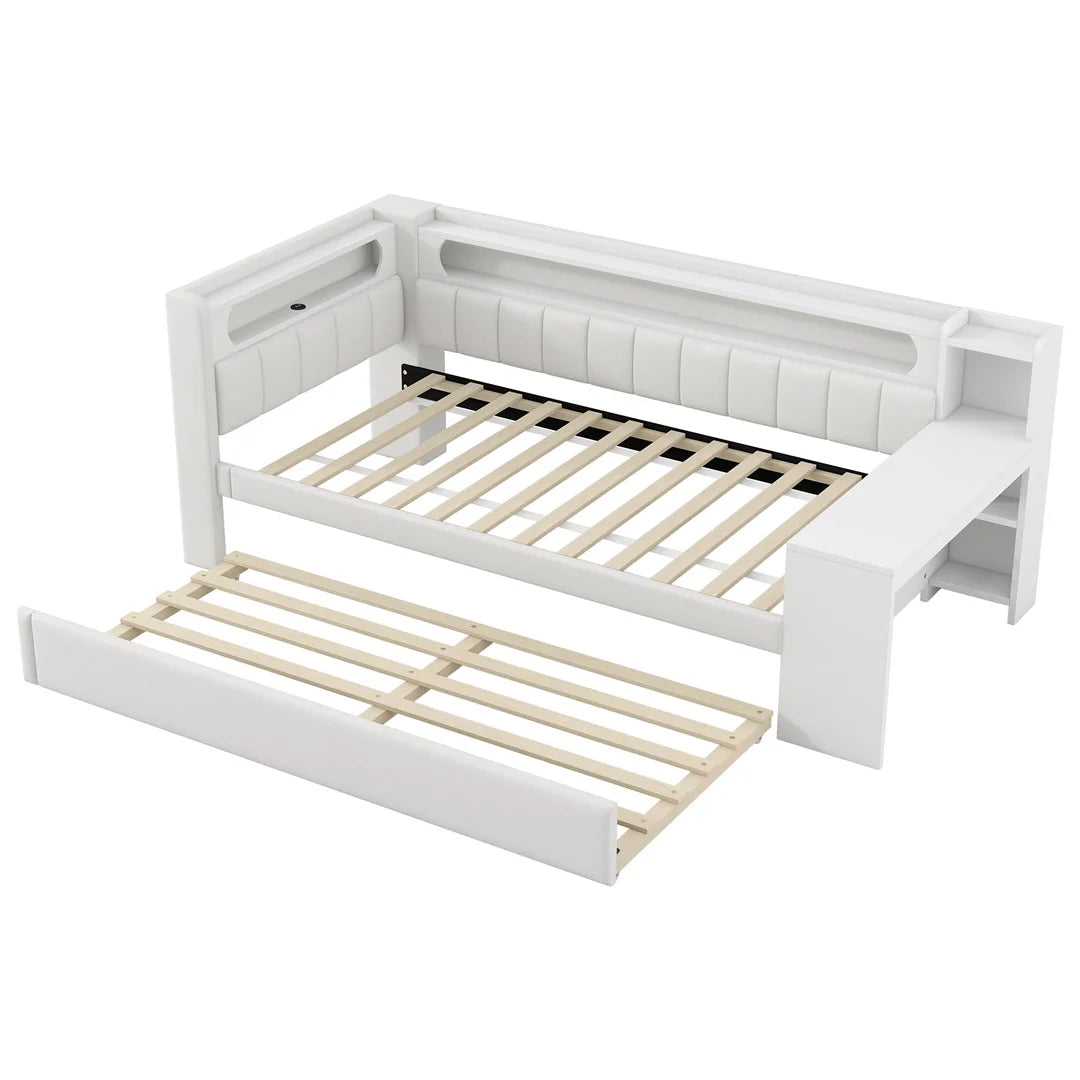 Eenpersoonsbed – Bedframe – Uittrekbed – Smart Bed – Studentenbed – Zonder Matras – Met Uittrekbed en Bureau – 90x200 cm – Wit Design