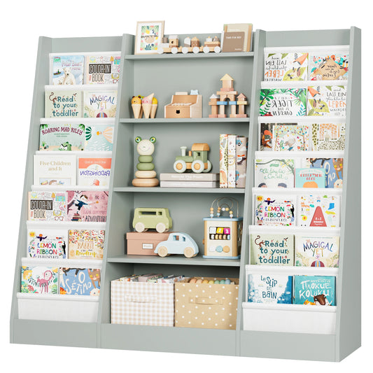 Kinderboekenkast – Boekenkast – Kinderrek – Kindermeubel – Opbergkast – Grijs Groen – 14 Legplanken – Stabiel Plywood 129,5x35x120 cm