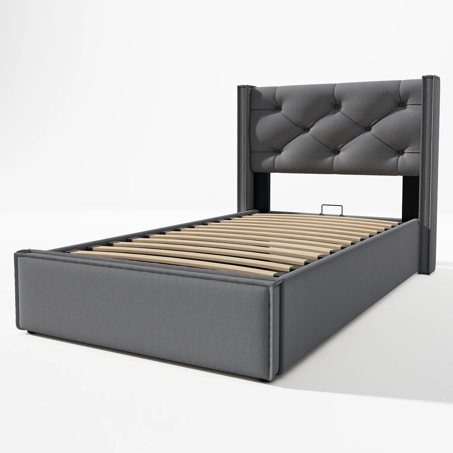 Bedframe – Eenpersoonsbed – Slaapbank – Bedombouw – Stalen Bed – 140x200 cm – Hydraulische Opbergruimte – Donkergrijze Katoenen Bekleding - QUORE