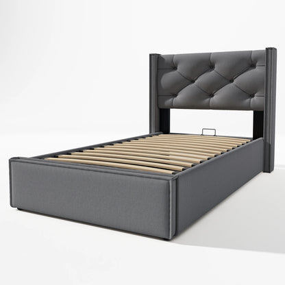 Bedframe – Eenpersoonsbed – Slaapbank – Bedombouw – Stalen Bed – 140x200 cm – Hydraulische Opbergruimte – Donkergrijze Katoenen Bekleding - QUORE