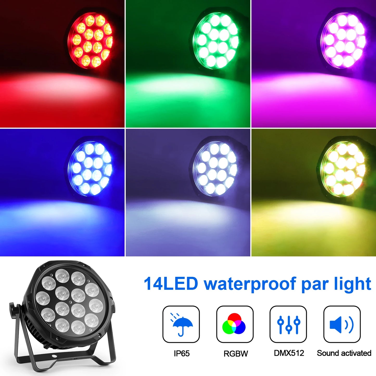 Waterdichte RGBW LED Par Verlichting – LED Stage Light – DJ Licht – Podium Lamp – RGBW Par Lamp – Set van 4 – IP65 Waterbestendig – 14x10W LEDs met DMX512 bediening