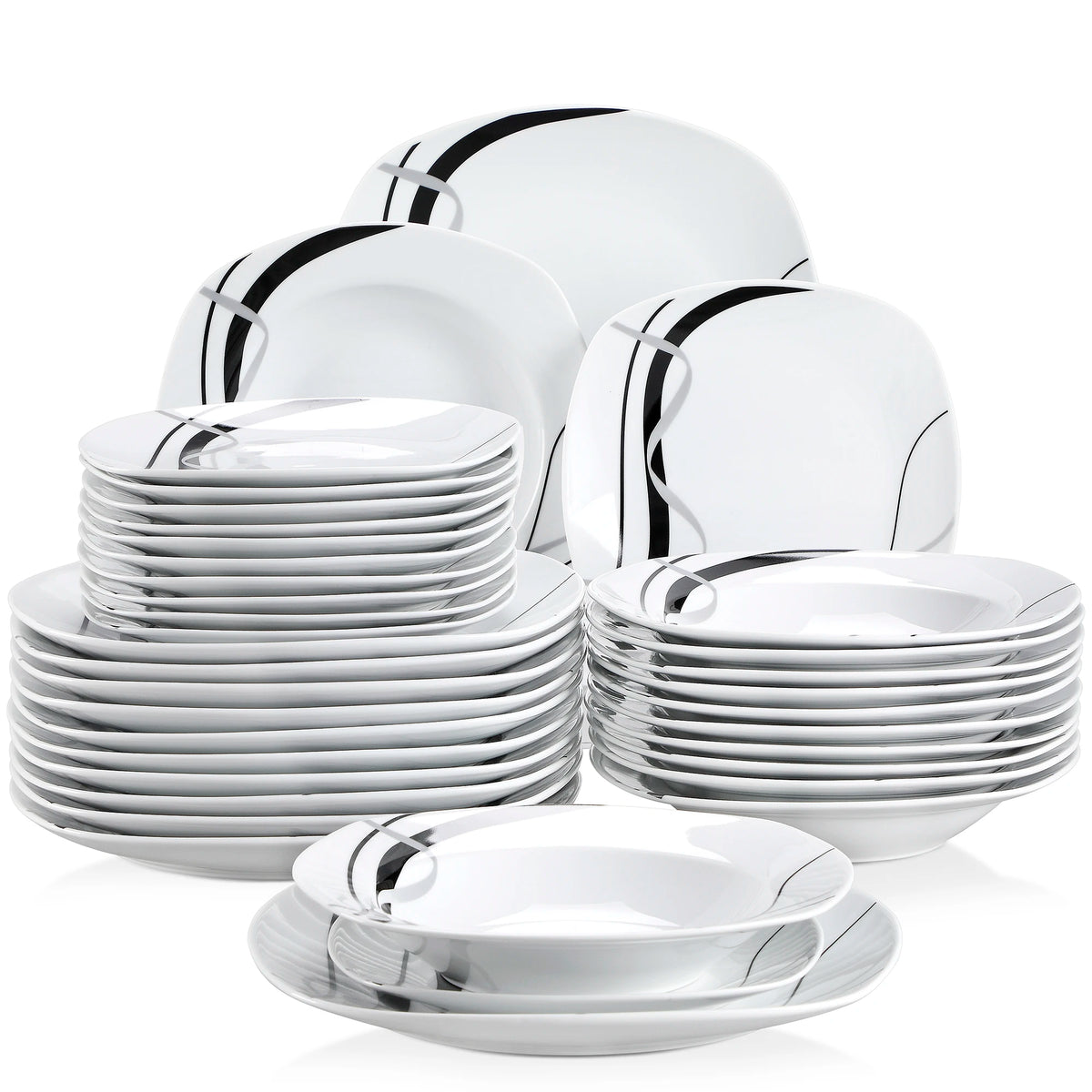 Serviesset - Servies – Dinerborden - Ronde Borden - Zwarte Lijn - 36-Delige – Soepborden - Dessertborden – Voor Keuken - Eettafel