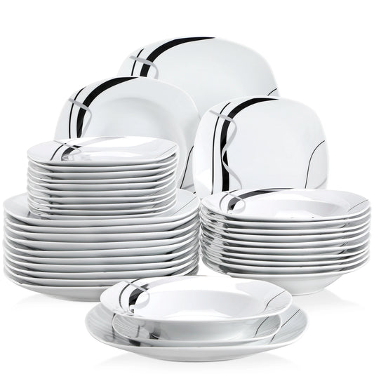 Serviesset - Servies – Dinerborden - Ronde Borden - Zwarte Lijn - 36-Delige – Soepborden - Dessertborden – Voor Keuken - Eettafel