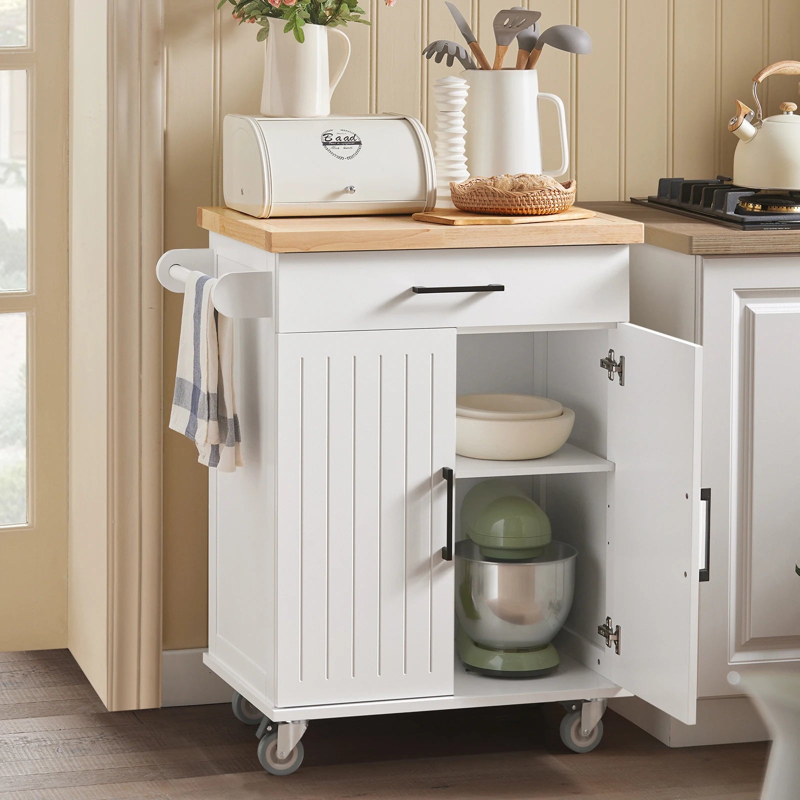 Keukentrolley – Serveertrolley – Werktafel – Keukenwagen – Opbergtrolley – Wit-Naturel – Rubberen Houten Werkblad – Verstelbare Opslagruimte - QUORE
