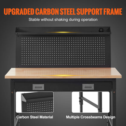 SucceBuy 2000lbs Hardwood Workbench Heavy Oak Plank Work Table Carbon Steel with 3m Cable 30 Hooks for Garage Office Workshop