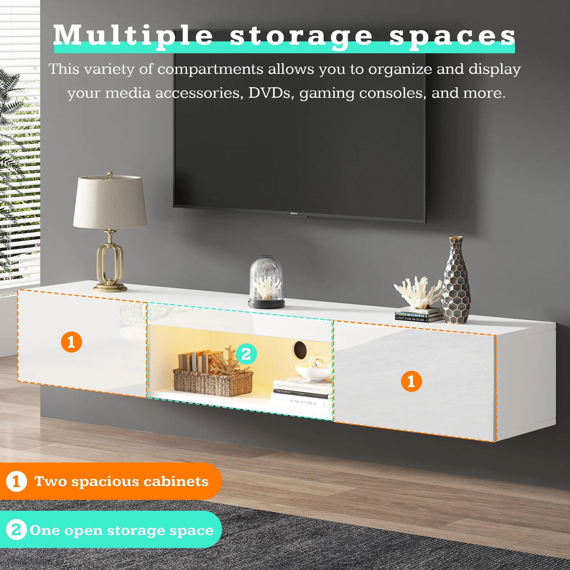 Wandmeubel – Tv Meubel – Hangend Kastje – Hoogglans Kast – Wit Wandkast – Geschikt Voor 70 Inch Tv – Draaggewicht 30 Kg – LED Verlichting Met Bluetooth App - QUORE