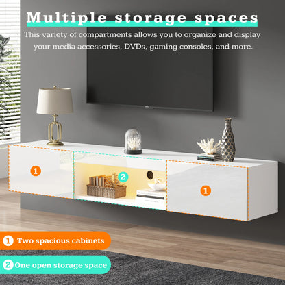 Wandmeubel – Tv Meubel – Hangend Kastje – Hoogglans Kast – Wit Wandkast – Geschikt Voor 70 Inch Tv – Draaggewicht 30 Kg – LED Verlichting Met Bluetooth App - QUORE