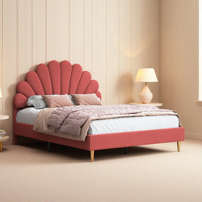 Bedframe – Fluwelen Bed – Gestoffeerd Bed – Tweepersoonsbed – Beige – MDF Frame – 12 Verstevigde Latten