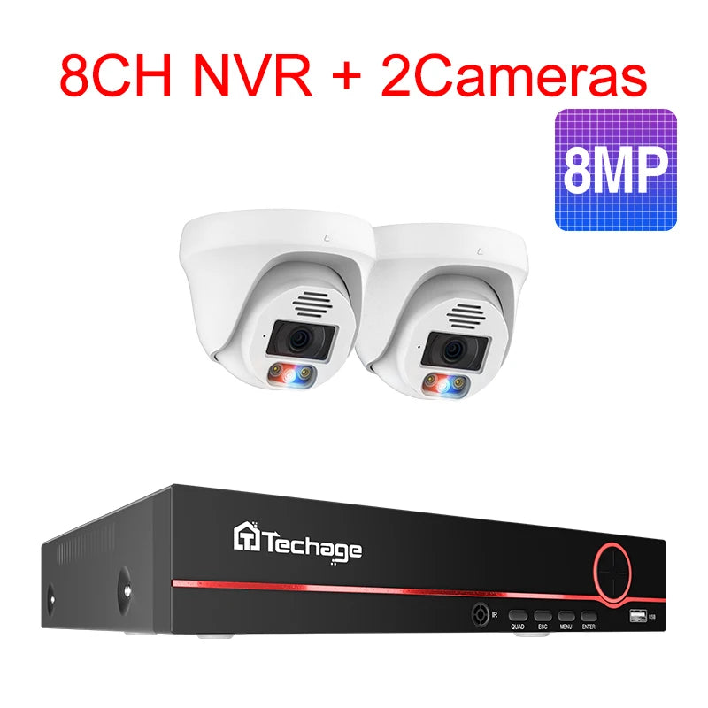 Techage Ultra HD 8MP 4K POE Security Camera System Two Way Audio Face Detect Full Color Night H.265 CCTV Video Surveillance Set - QUORE
