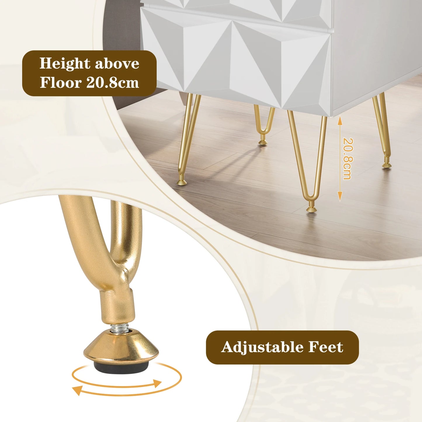 Nachtkastje met Geometrisch Design – Moderne Bedkast met 2 Lades en 3D-Effect – Witte & Gouden Afwerking – Compacte Ladekast 40x53x40 cm – Stijlvol voor Slaapkamer - QUORE