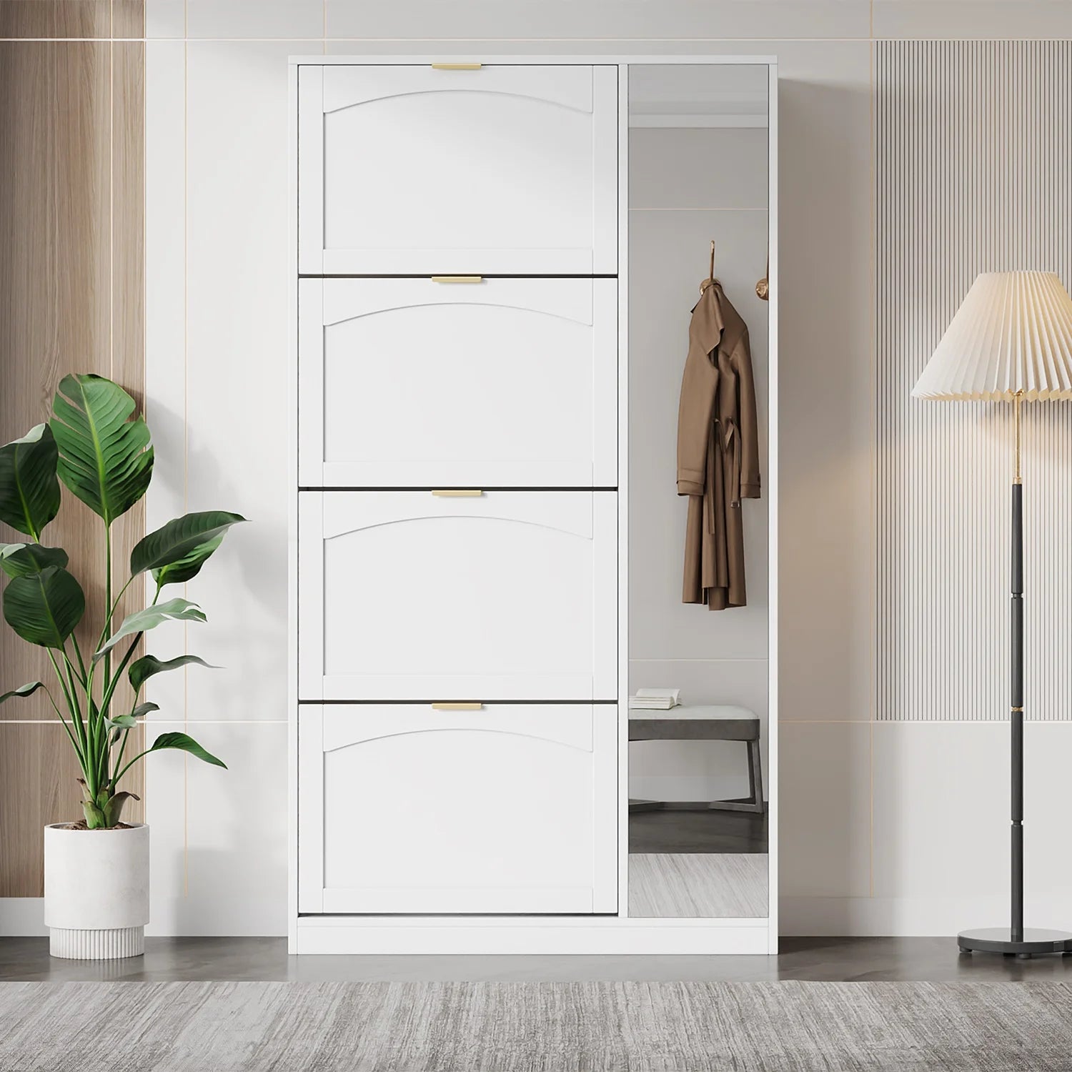 Schoenenkast – Schoenenrek – Schoenopberger – Schoenenmeubel – Spiegeldeur – Vier Uittrekbare Lades – Kantelbeveiliging - 80 x 24 x 147 cm - Wit - QUORE