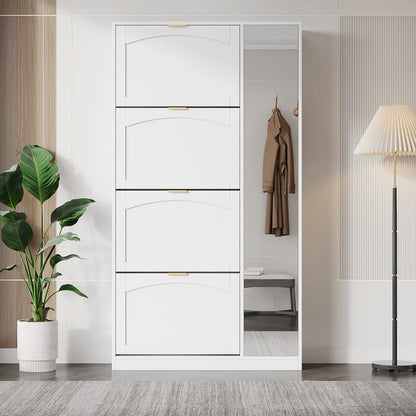 Schoenenkast – Schoenenrek – Schoenopberger – Schoenenmeubel – Spiegeldeur – Vier Uittrekbare Lades – Kantelbeveiliging - 80 x 24 x 147 cm - Wit - QUORE