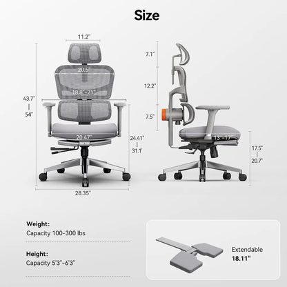 Ergonomische Bureaustoel – Comfortabele Stoel – Bureaustoel Met Lendensteun – Verstelbare Rugleuning – 4D Armleuningen – Traagschuim – Uitschuifbare Voetsteun - Grijs