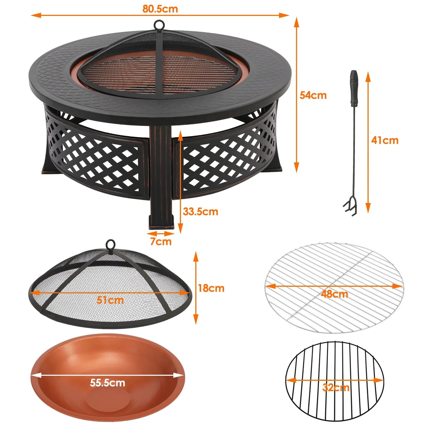 Vuurkorf - Vuurschaal - 3-in-1 - BBQ Grill - Schaal - met Grillrooster en Vonkenscherm – Grote Ø81 cm - Vuurbak voor Barbecue, Verwarming en Lounge - Bonfeu - Zwart