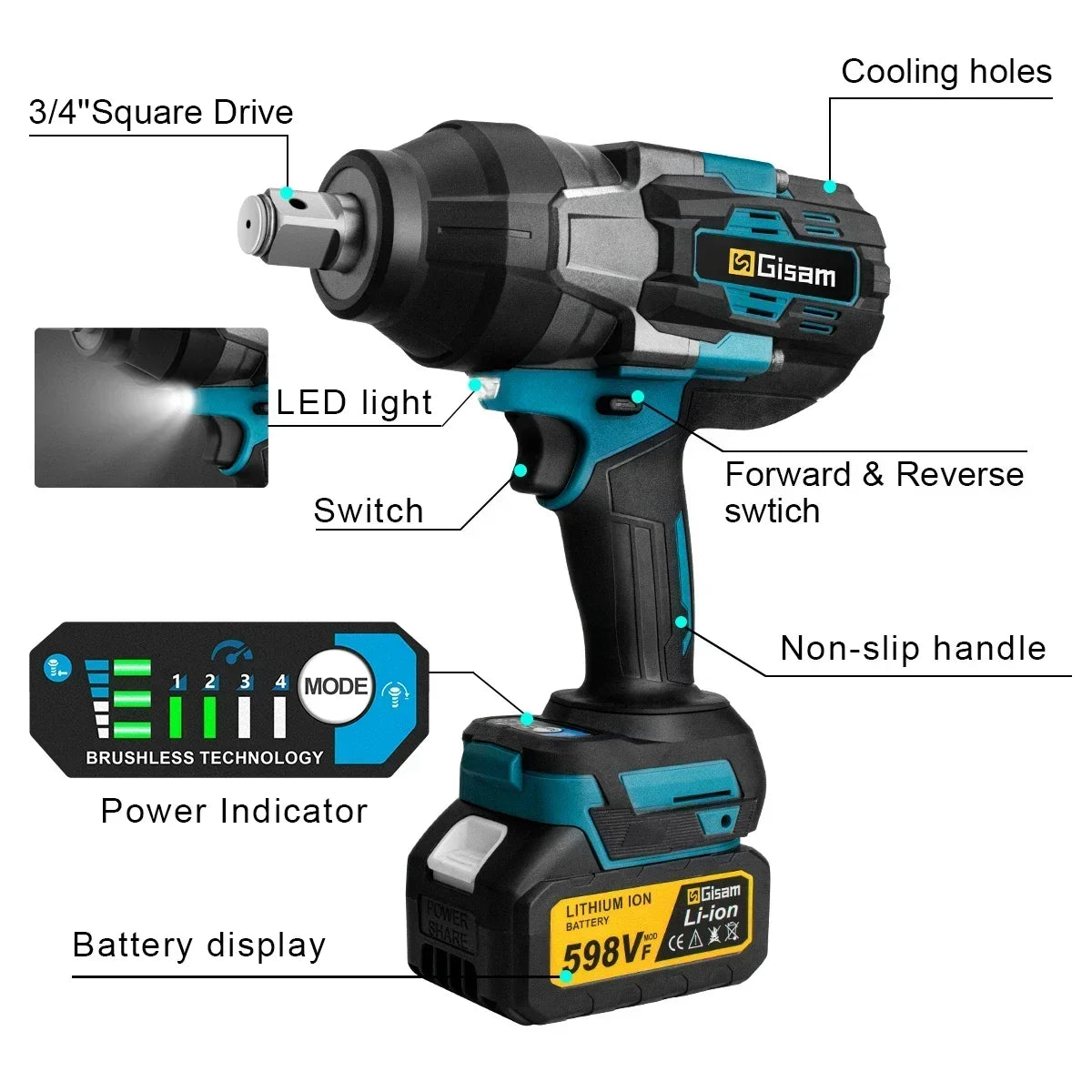 GISAM 3100N.M Brushless Electric Impact Wrench 3/4 Inch Cordless Torque Wrench Screwdriver Power Tool For Makita 18V Battery - QUORE