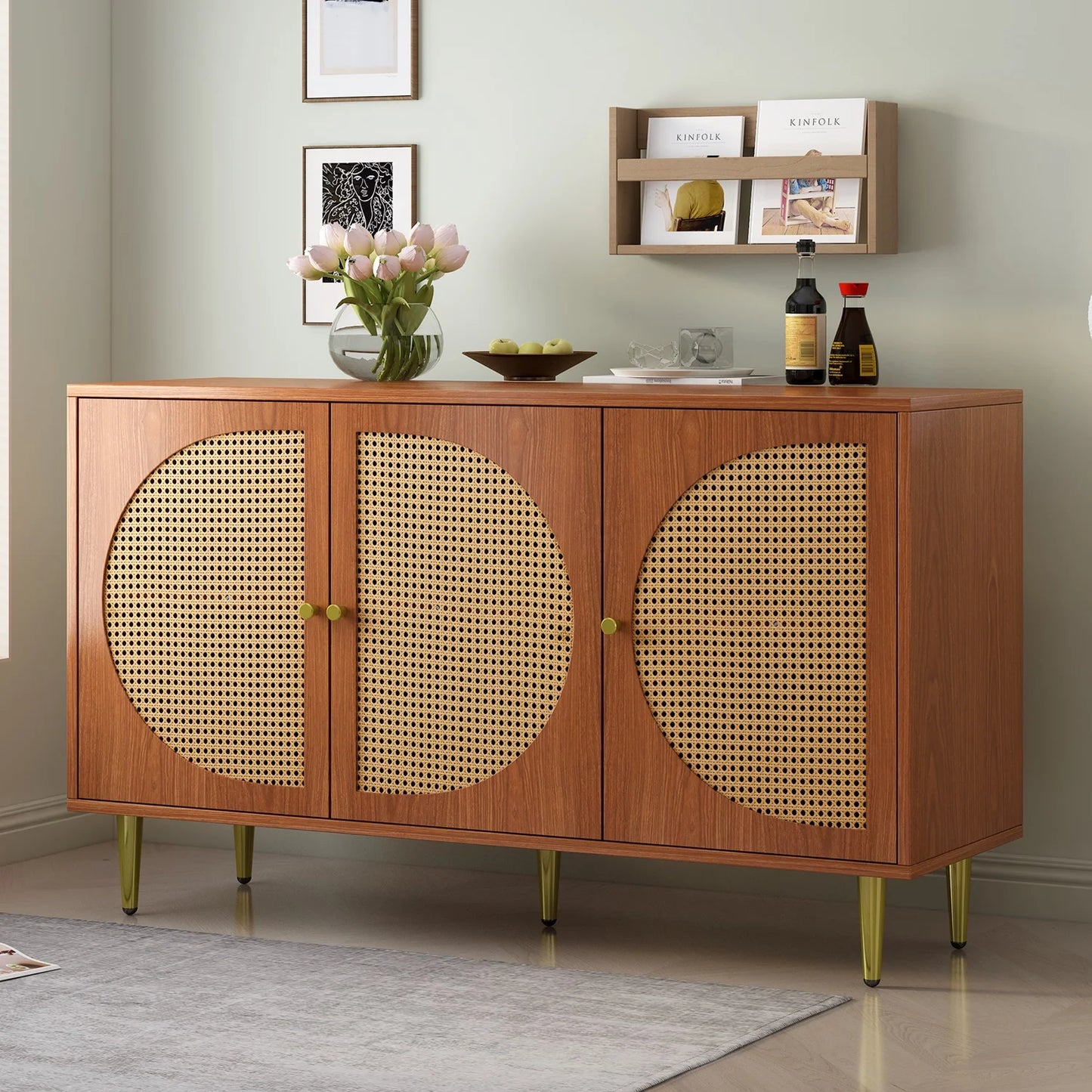 Dressoirkast – Dressoir – Opbergkast – Kast – Rieten Deuren – Walnootkleur – 3 Compartimenten