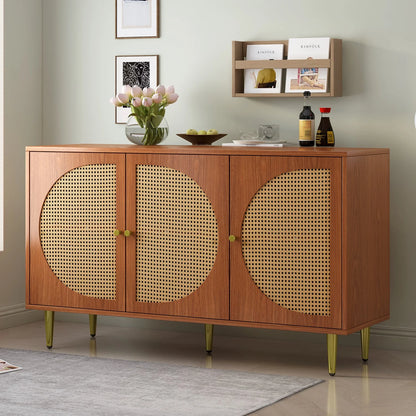Dressoirkast – Dressoir – Opbergkast – Kast – Rieten Deuren – Walnootkleur – 3 Compartimenten